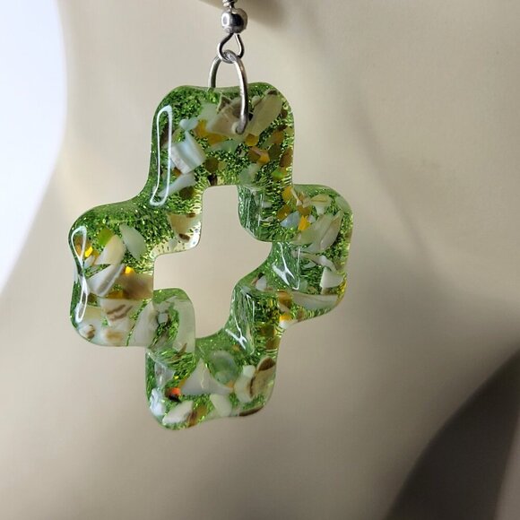 Sparkly Green Earrings Geometric Shape Earrings or Cross Shape Earrings - Picture 4 of 7